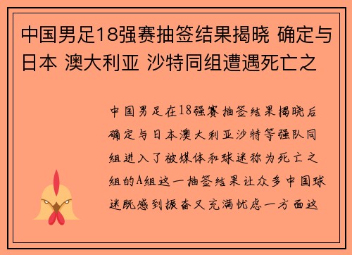中国男足18强赛抽签结果揭晓 确定与日本 澳大利亚 沙特同组遭遇死亡之组