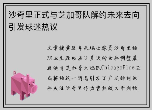 沙奇里正式与芝加哥队解约未来去向引发球迷热议