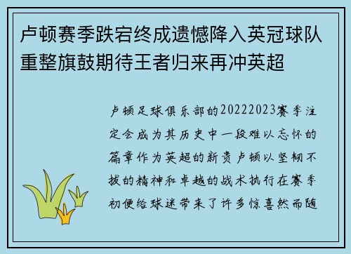 卢顿赛季跌宕终成遗憾降入英冠球队重整旗鼓期待王者归来再冲英超