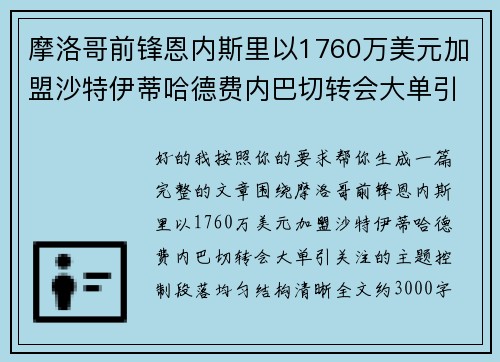 摩洛哥前锋恩内斯里以1760万美元加盟沙特伊蒂哈德费内巴切转会大单引关注 摩洛哥前锋恩内斯里以1760万美元加盟沙特伊蒂哈德费内巴切转会大单引关注
